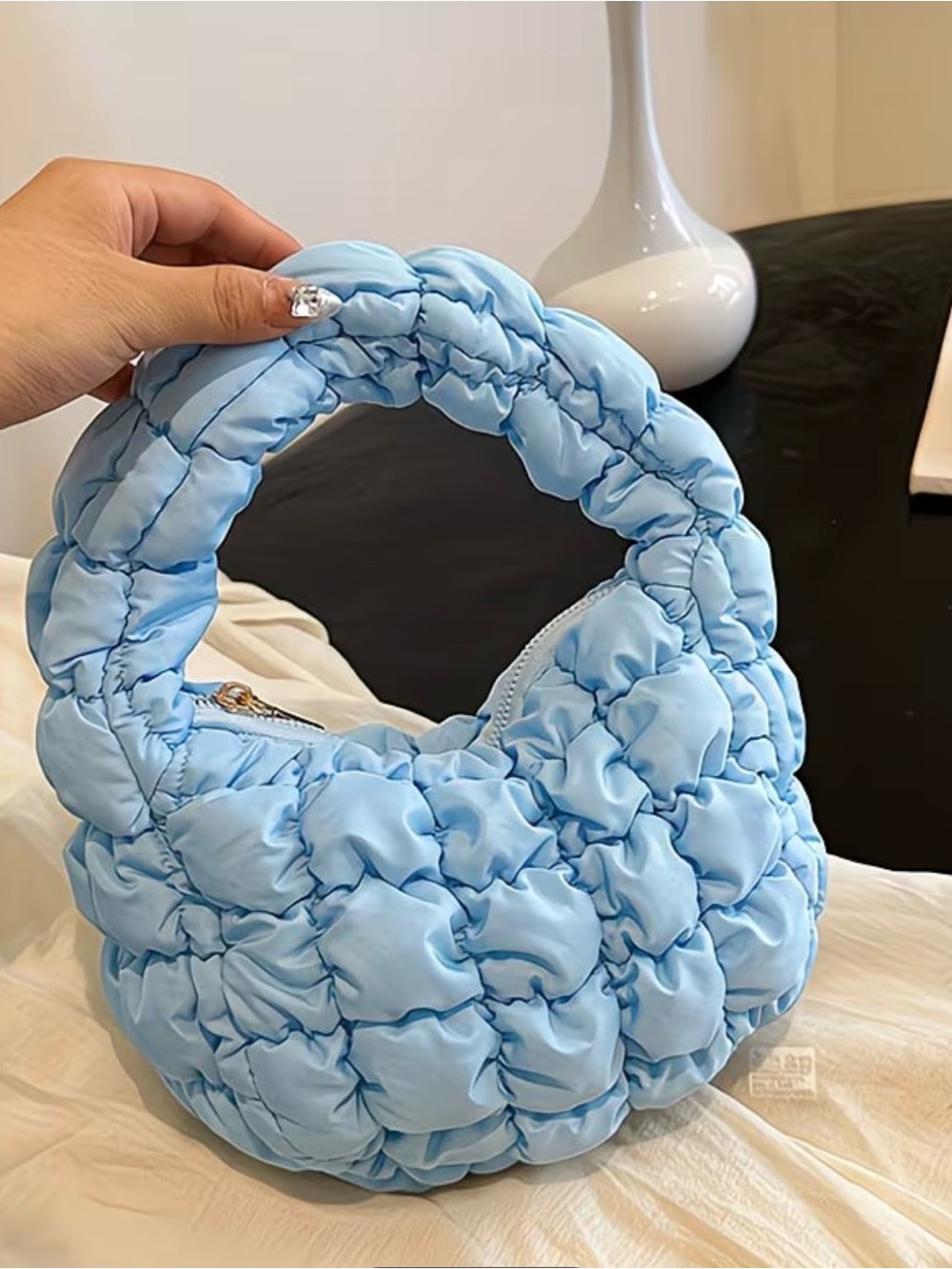 Cute Mini Puffy Quilted Handbag - Light Blue